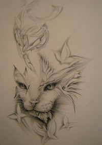 一款黑灰猫咪纹身手稿图案