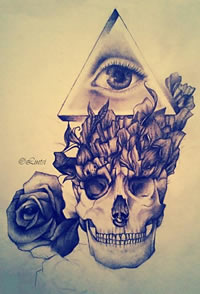 经典骷髅上帝之眼玫瑰花纹身手稿图案