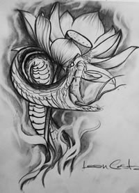 黑灰蛇莲花纹身图案