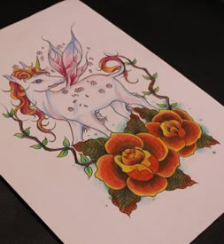 彩色玫瑰花鹿纹身图案