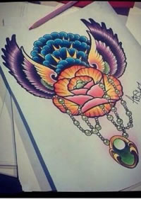 彩色玫瑰花翅膀钻石纹身图案