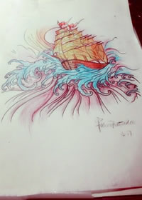 彩色帆船纹身图案