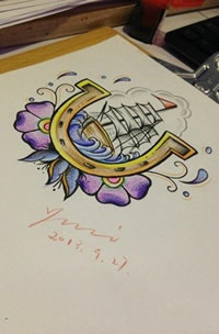 彩色帆船花纹身手稿图案