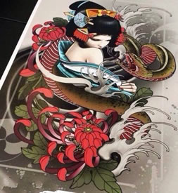 彩色蛇牡丹艺妓纹身手稿图案