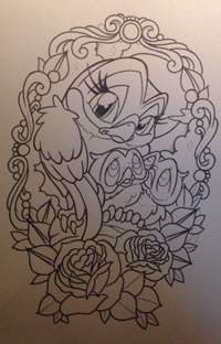 猫头鹰玫瑰花纹身手稿图案由武汉纹身提供