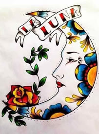 彩色月亮玫瑰花纹身手稿图案