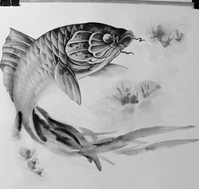 水墨鱼纹身手稿图案