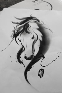 剽悍的水墨马纹身手稿图案