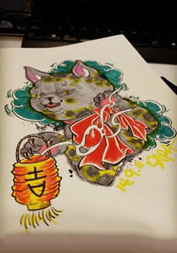 一款彩色大灰猫纹身手稿图案