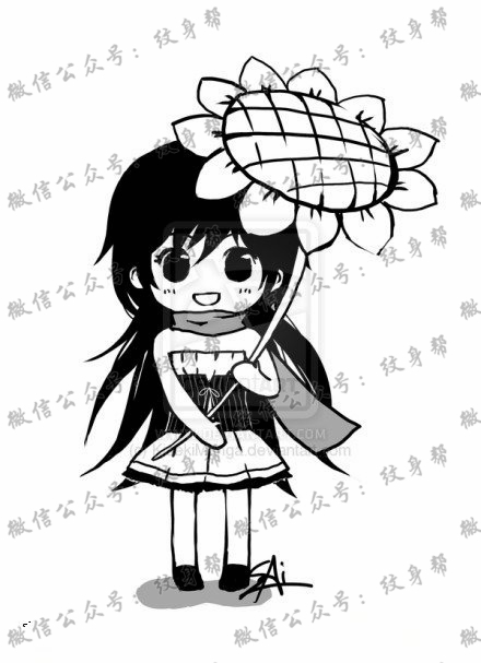 向日葵女孩纹身手稿图案