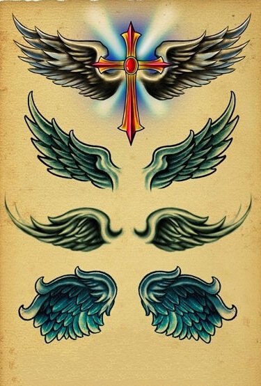 彩色翅膀纹身手稿图案