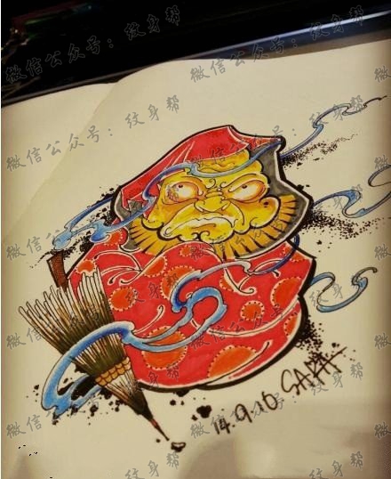 彩色达摩纹身手稿图案