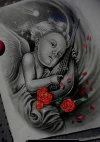 天使玫瑰花纹身手稿图案