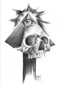 黑灰素描骷髅上帝之眼纹身手稿图案