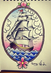 彩色帆船纹身手稿图案