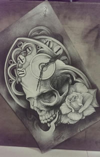 骷髅玫瑰花时钟纹身手稿图案
