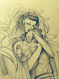 一款女郎招财猫纹身手稿图案