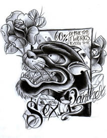 传统黑豹玫瑰花字母纹身手稿图案