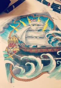 彩色帆船纹身线稿图案