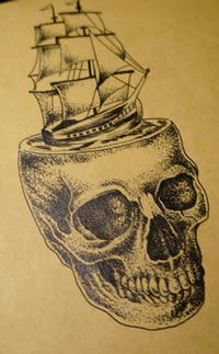 点刺帆船骷髅头纹身手稿图片
