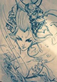 一款艺妓纹身线稿图片