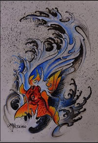 泼墨彩色锦鲤纹身手稿图片