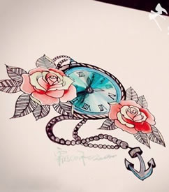 彩色指南针玫瑰花船锚纹身图片