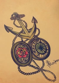 彩色船锚指南针玫瑰花纹身手稿图片