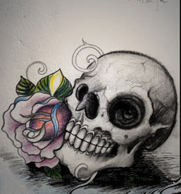 欧美骷髅玫瑰花纹身手稿图片