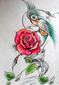 彩色玫瑰花燕子纹身手稿图片