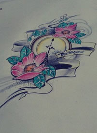 彩色指南针花纹身手稿图案