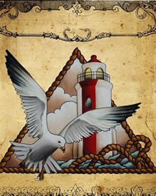 彩色白鸽灯塔纹身手稿图片