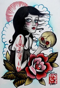 彩色school女郎玫瑰花纹身图片