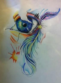 彩色眼睛羽毛纹身手稿图片