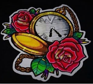 彩色玫瑰花时钟纹身手稿图案