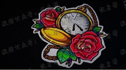 彩色玫瑰花时钟纹身手稿图案