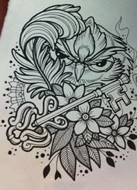 猫头鹰钥匙纹身手稿图案