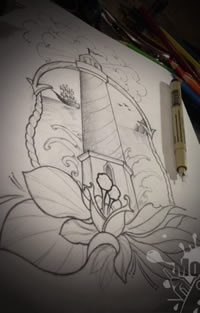 个性灯塔玫瑰花线稿纹身图案