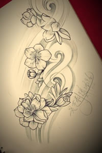 黑灰花纹身手稿图片