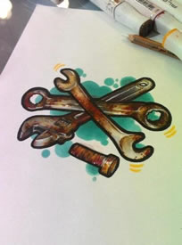 个性螺丝钉扳手纹身手稿图片