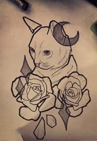 猫咪玫瑰花纹身手稿图片