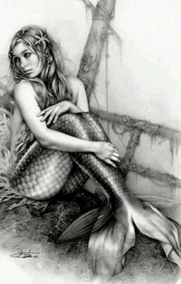 黑灰素描风格美人鱼纹身手稿图案