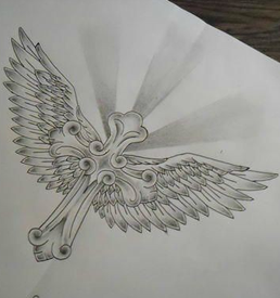 个性十字架翅膀纹身手稿图案