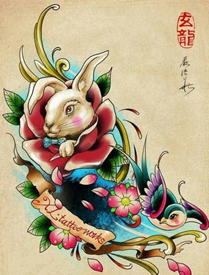 彩色school风格兔子燕子纹身手稿图片