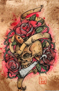 school彩色骷髅玫瑰花纹身手稿图片