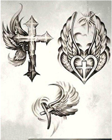 个性黑灰素描十字架翅膀纹身手稿图片