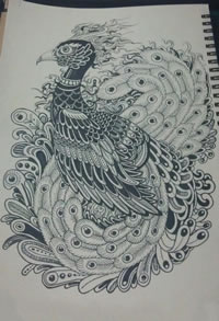 黑灰素描孔雀纹身手稿图案