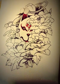 牡丹狐狸面具纹身手稿图片