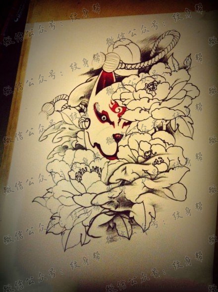 牡丹狐狸面具纹身手稿图片