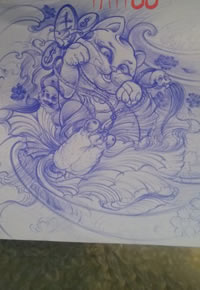 彩色招财猫线稿纹身图片